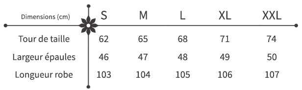 guide des tailles robe longue bohème fleurs brodées