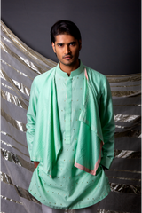 Aqua green textured kurta with layer flaps and off white pants - Kunal Anil Tanna