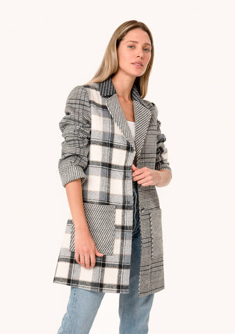 lovestitch long grey patchwork plaid blazer coat