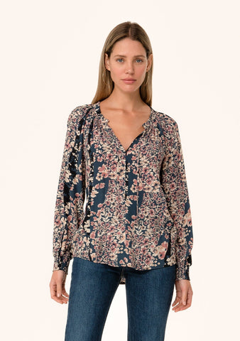 lovestitch blue and pink mixed floral fall bohemian blouse