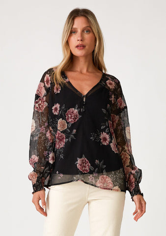 lovestitch black and pink chiffon floral blouse