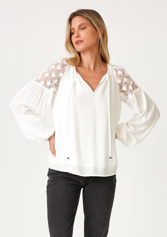 lovestitch white bohemian blouse with sheer mesh embroidered shoulders