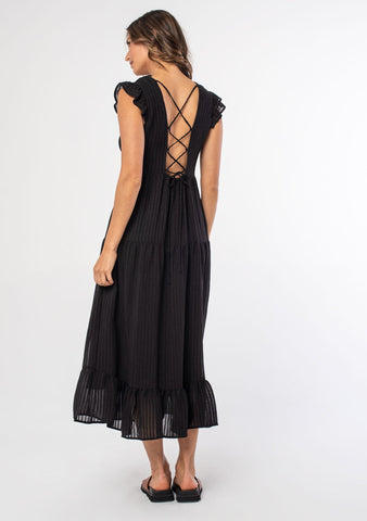 lovestitch black bohemian lace up back mid length dress