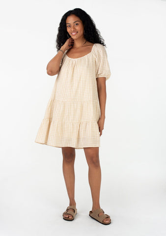 lovestitch tan puff sleeve mini dress