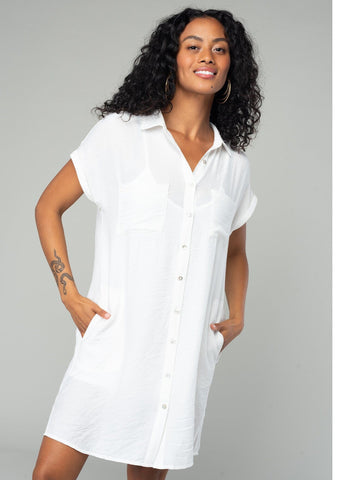 lovestitch white short sleeve mini shirt dress with button front