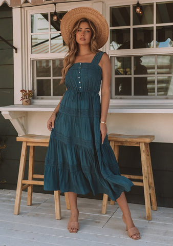 lovestitch teal embroidered midi dress