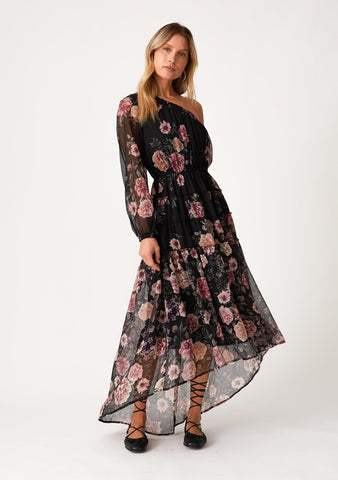 lovestitch black and pink floral one shoulder chiffon maxi dress