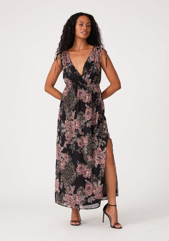 lovestitch black and pink floral sleeveless mid length chiffon dress