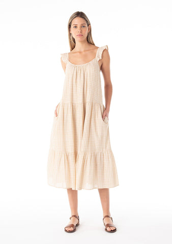 lovestitch tan gingham check midi dress with ruffle straps