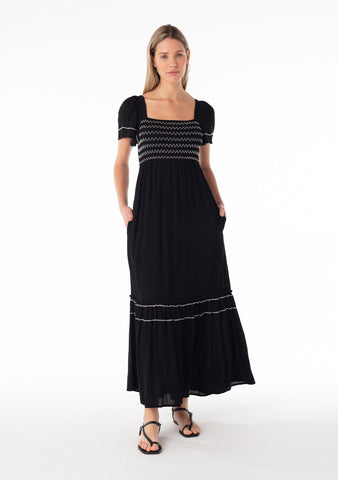 lovestitch black embroidered smocked maxi dress