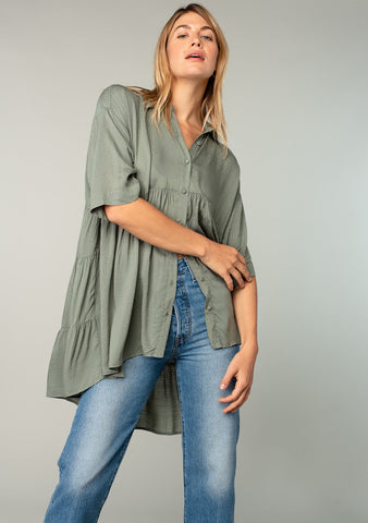 lovestitch sage green button up tiered tunic top