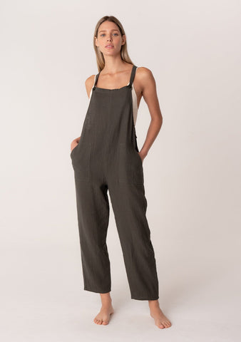 lovestitch military green lounge overalls in cotton gauze