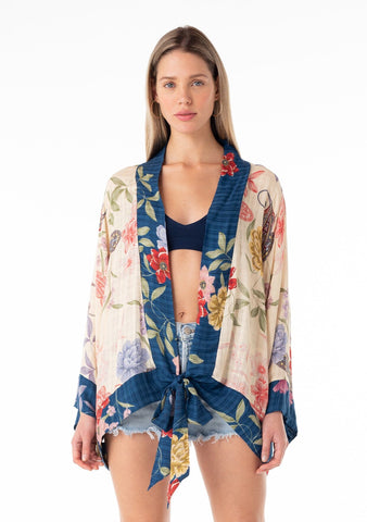 lovestitch blue and natural floral tie front kimono top