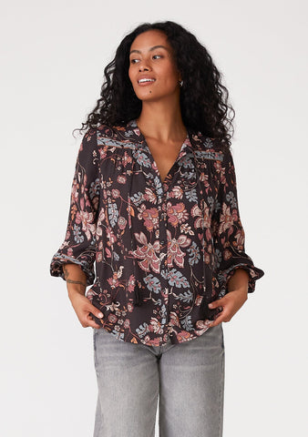 lovestitch brown and purple floral print bohemian fall blouse