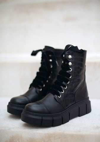 alohas black croco leather combat boots