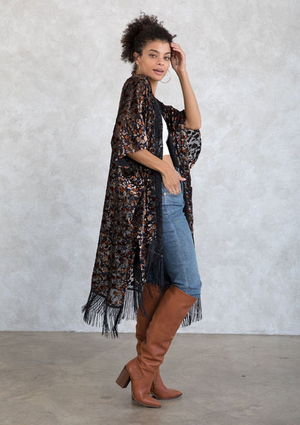 Mallory Velvet Burnout Fringe Kimono