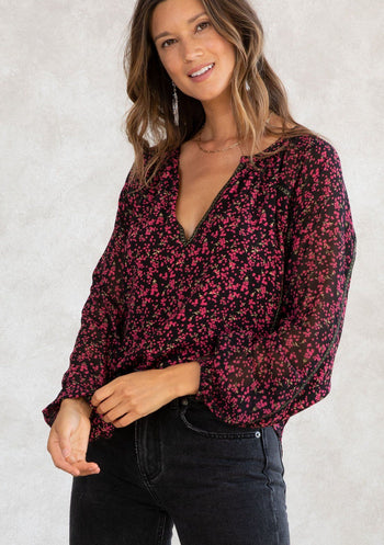 Women's Top - Sheer Ruffled Black & Purple Floral Blouse