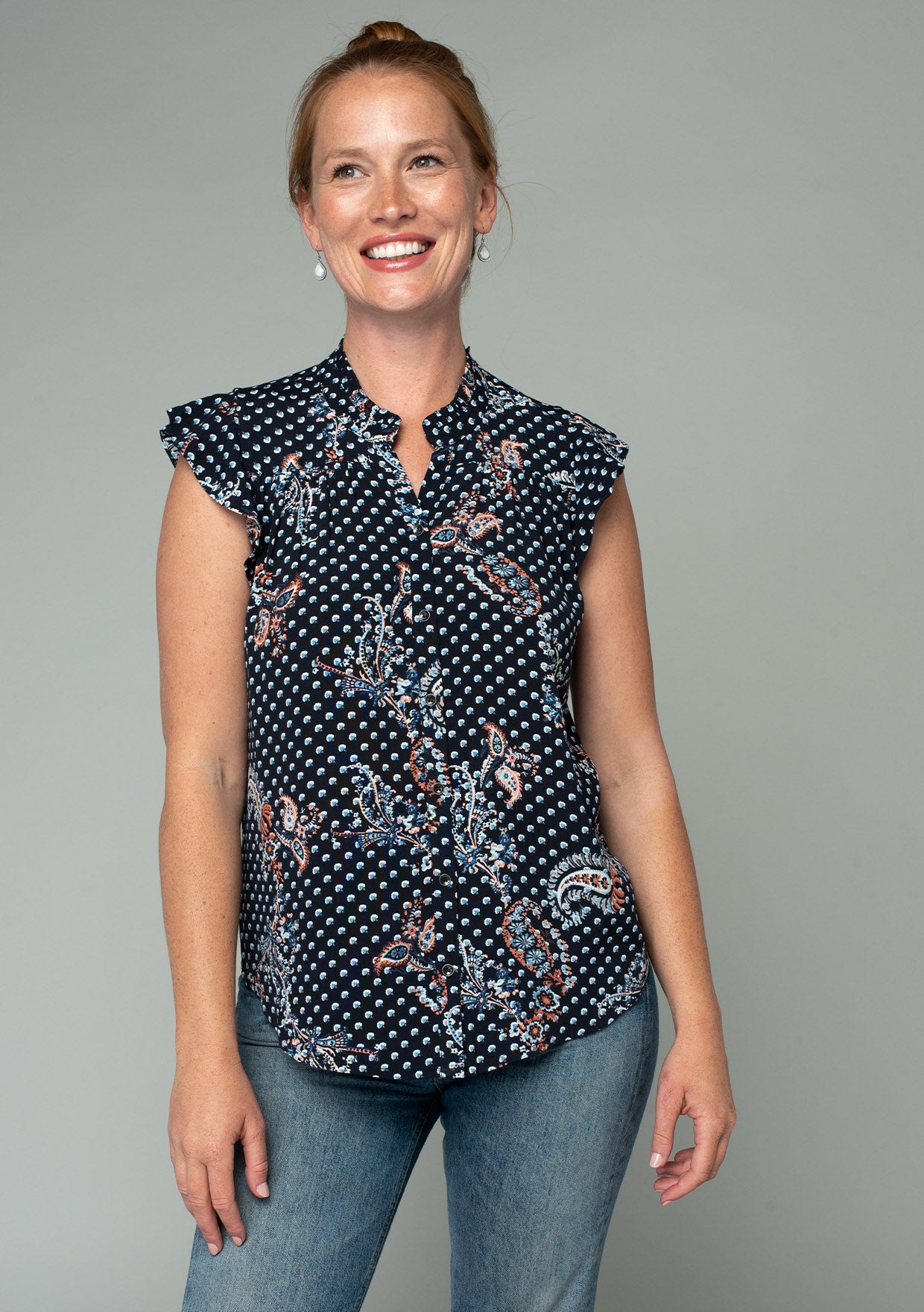 Women's Top - Navy Blue Paisley Flutter Sleeve Top | LOVESTITCH