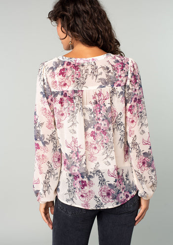 Women's Top - Sheer Ruffled Black & Purple Floral Blouse