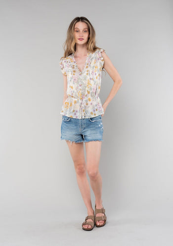 Lovestitch Camdyn Floral Blouse - Ivory/Aqua / L