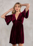 [Color: Wine] Helpone clickaway wine gorgeous and soft, velvet mini dress with deep V neckline and empire waist.