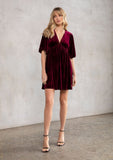 [Color: Wine] Helpone clickaway wine gorgeous and soft, velvet mini dress with deep V neckline and empire waist.