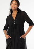 [Color: Black] Beautiful and elegant bohemian maxi dress with button front v neckline, collar, and side pockets