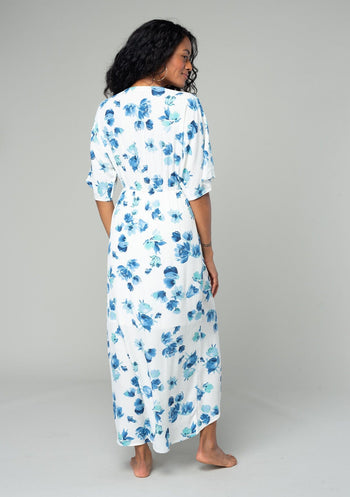 Women's Blue & Yellow Floral Flowy Maxi Wrap Dress - LOVESTITCH