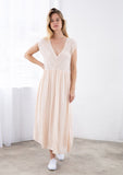 [Color: Natural] A relaxed fit maxi dress with short capped sleeves, a v neckline in front and back with a tassel tie closure, and a half elastic waist in the back.