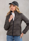 [Color: Heather Brown] Helpone clickaway, heather brown, cropped puffer jacket featuring zip-up closure, standing collar and side pockets.