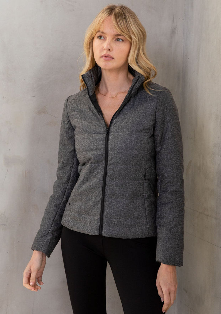 [Color: Heather Grey] Helpone clickaway, heather grey, cropped puffer jacket featuring zip-up closure, standing collar and side pockets.