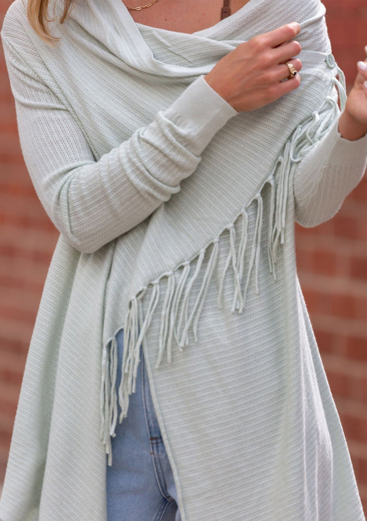 [Color: Mint Glaze] Helpone clickaway mint, buttery soft, wrap sweater with fringe.