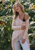 [Color: Heather Blush] Helpone clickaway pink, buttery soft, wrap sweater with fringe.