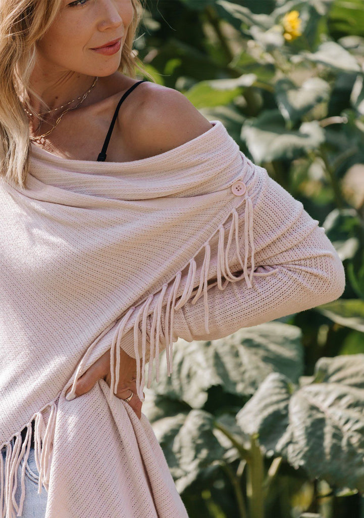 [Color: Heather Blush] Helpone clickaway pink, buttery soft, wrap sweater with fringe.