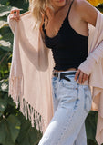 [Color: Heather Blush] Helpone clickaway pink, buttery soft, wrap sweater with fringe.