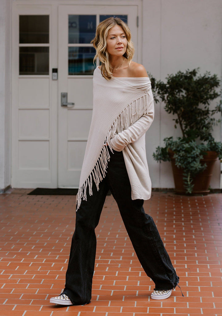 [Color: Heather Stone] Helpone clickaway stone, buttery soft, wrap sweater with fringe.