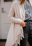 [Color: Heather Stone] Helpone clickaway stone, buttery soft, wrap sweater with fringe.