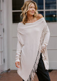 [Color: Heather Stone] Helpone clickaway stone, buttery soft, wrap sweater with fringe.