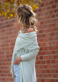 [Color: Mint Glaze] Helpone clickaway mint, buttery soft, wrap sweater with fringe.
