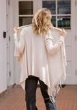 [Color: Heather Stone] Helpone clickaway stone, buttery soft, wrap sweater with fringe.