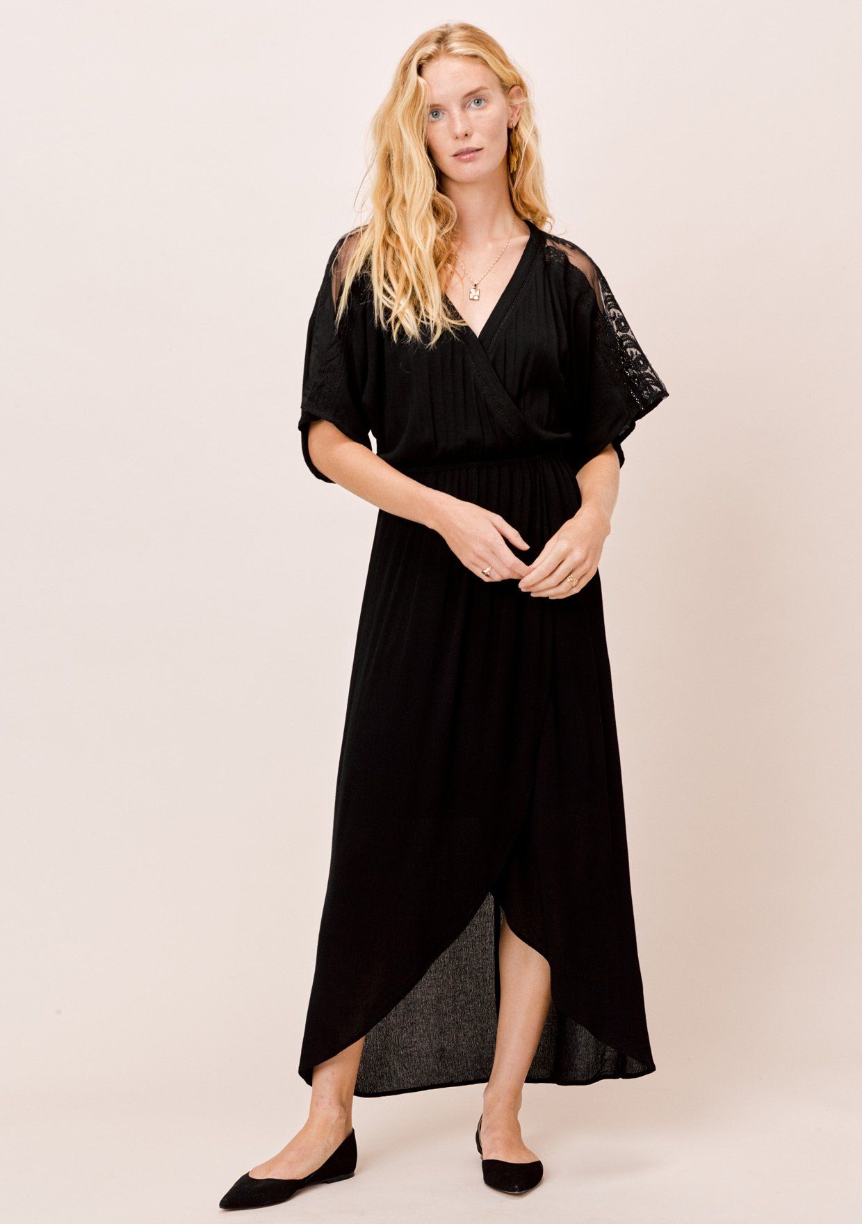 black wrap front dress