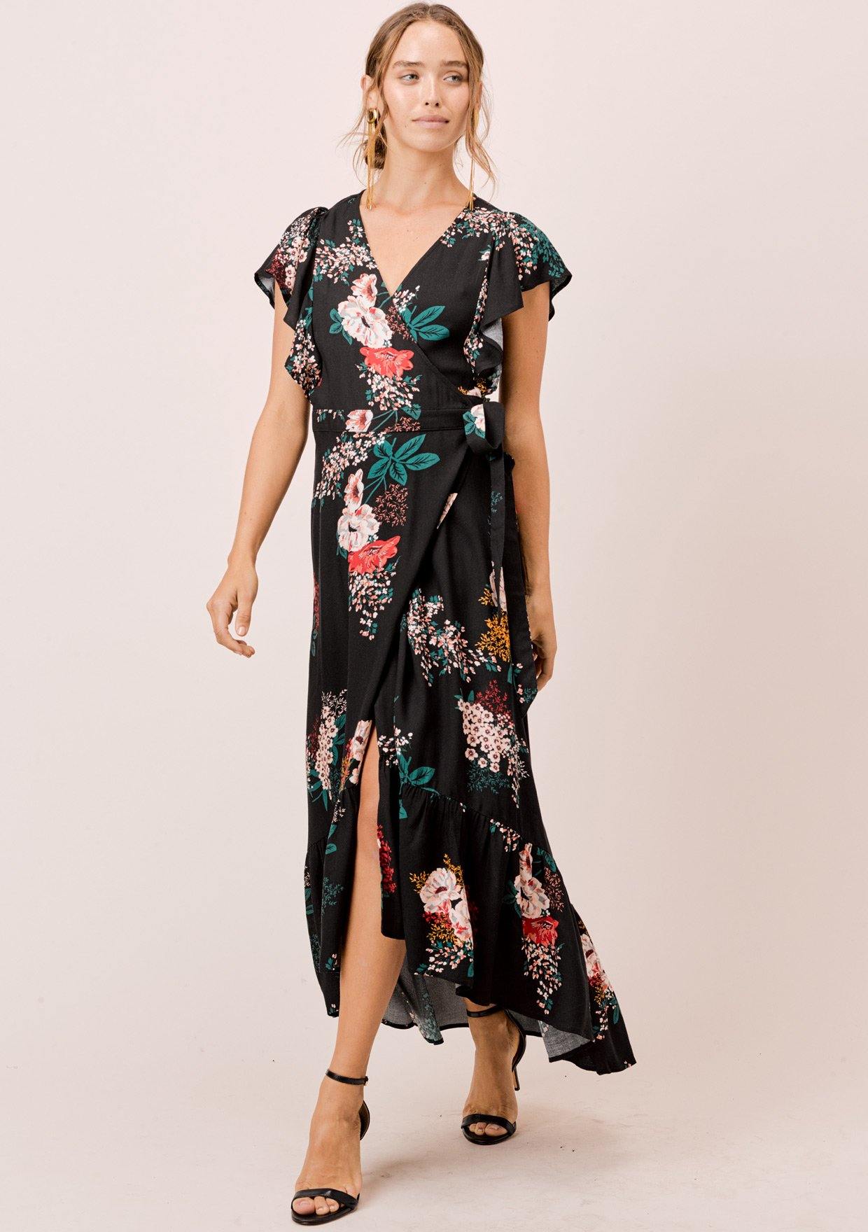 black floral maxi wrap dress