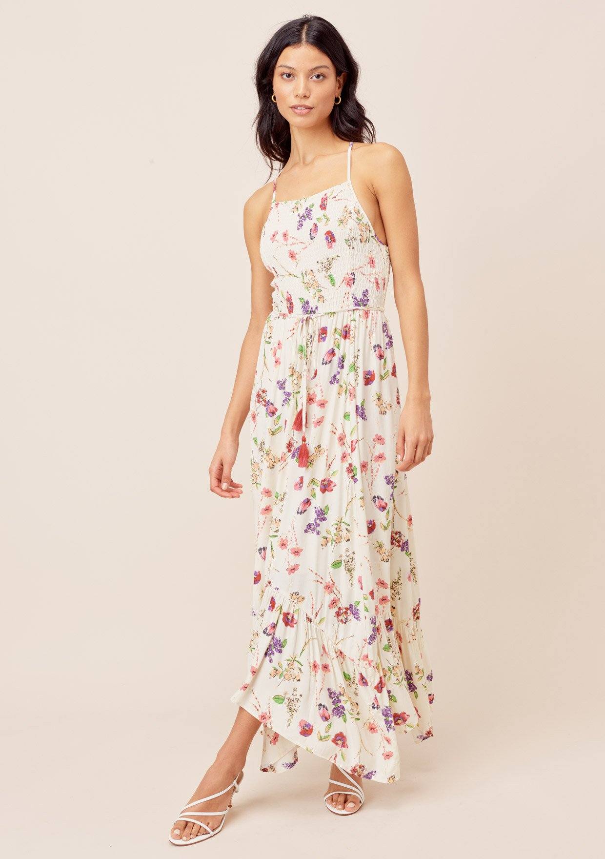 smocked floral maxi dress