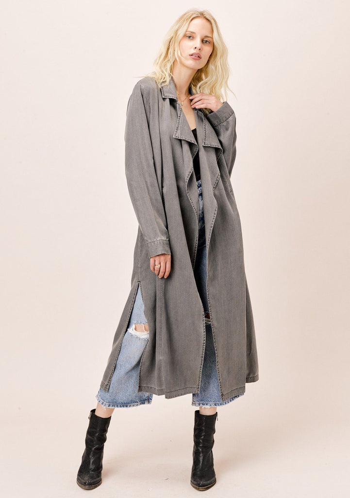 [Color: Charcoal] Helpone clickaway grey tencel high slit open trench coat