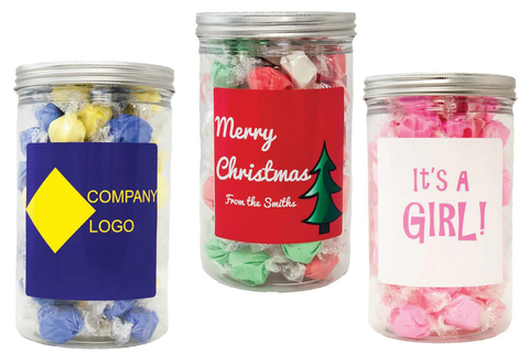 Salt Water Taffy Corporate Gift Package Canisters with Custom Branded Labels | Taffy Town