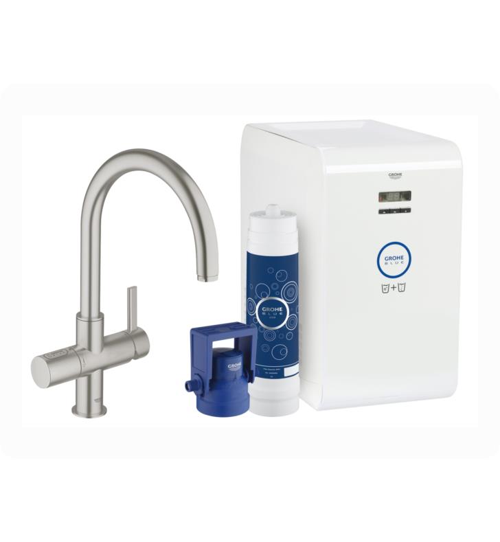 Grohe 31251 Blue 16 Inch Single Hole Deck Mounted Kitchen Faucet with Chilled and Sparkling Starter Kit