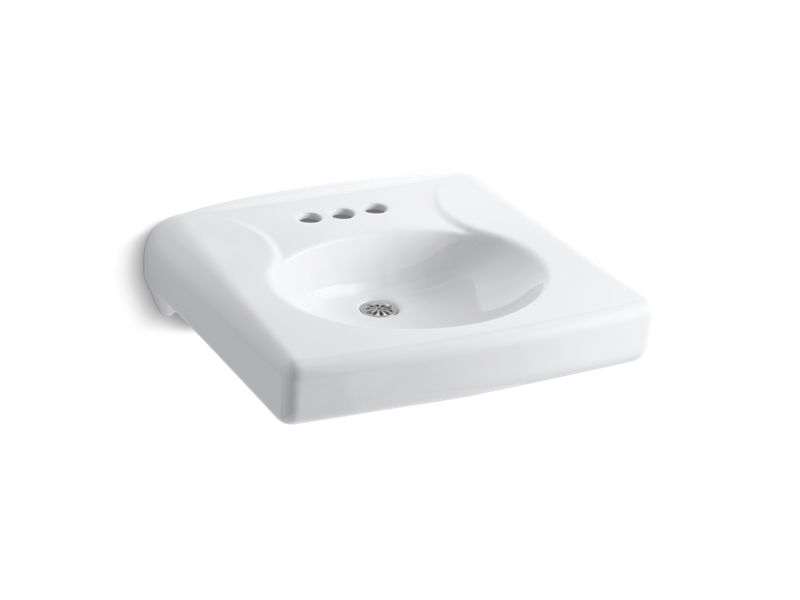 KOHLER K-1997-SS4N Brenham Wall-mount or concealed carrier arm mount commercial bathroom sink with 4" centerset faucet holes and no overflow, antimicrobial finish
