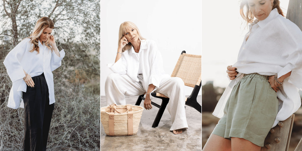 Emilia wearing the Stella Blouse over a white Cara tank and black trousers standing in front of a bush without leaves. A blonde haired women seated on a rattan chair wearing a white Stella blouse with beige wide legged Tara trousers. Emilia wearing the white Stella blouse with green hemp shorts leaning against a pole in the desert at sunset.
