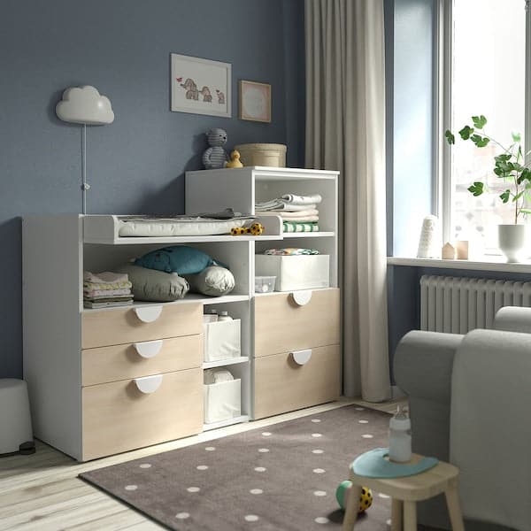 SMÅSTAD / PLATSA - Changing table, white birch/with bookcase