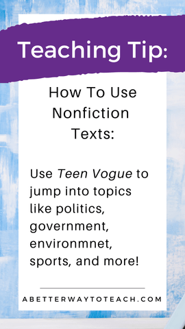 image says "teaching tip" and suggests using Teen Vogue to teach nonfiction